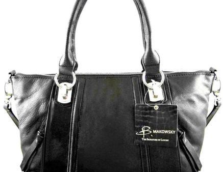 B. Makowsky Leather Pacy Shopper Tote Satchel Black-Silver Convertible Top Zip Hot on Sale