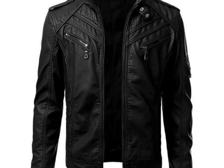 wuliLINL Men Faux Leather Zip Up Moto Biker Jacket Hot on Sale