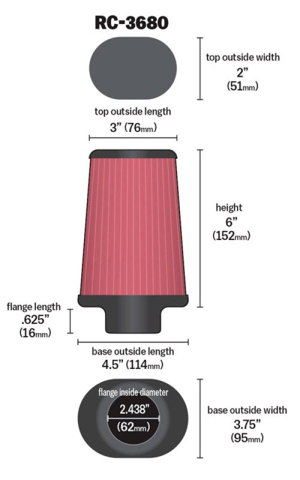 K&N Universal Clamp-On Air Filter 2-7 16in Flange 4-1 2x3-3 4in Base 3x2in Top 6in Height Sale