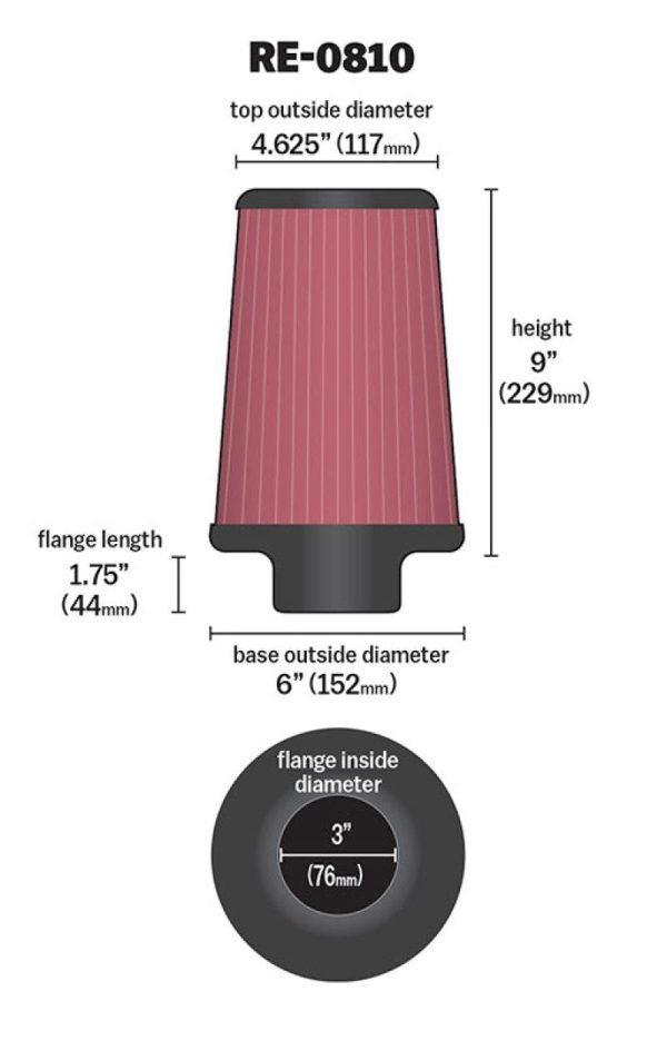 K&N Universal Rubber Filter 3inch FLG   6inch OD-B   4-5 8inch OD-T   9inch L Discount