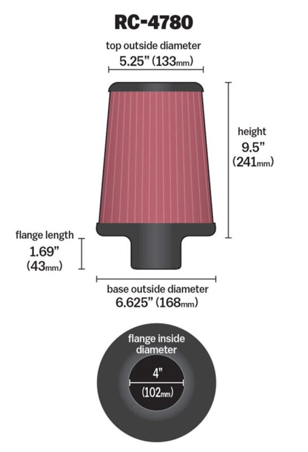 K&N Universal Filter Round Tapered 4in FlangeID   6.625in Base OD   5.25in Top OD   9.5in Height Online Hot Sale